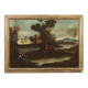 Ancient painting from the 1700s, landscape with figures, oil on canvas, styled frame.