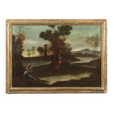Ancient painting from the 1700s, landscape with figures, oil on canvas, styled frame.