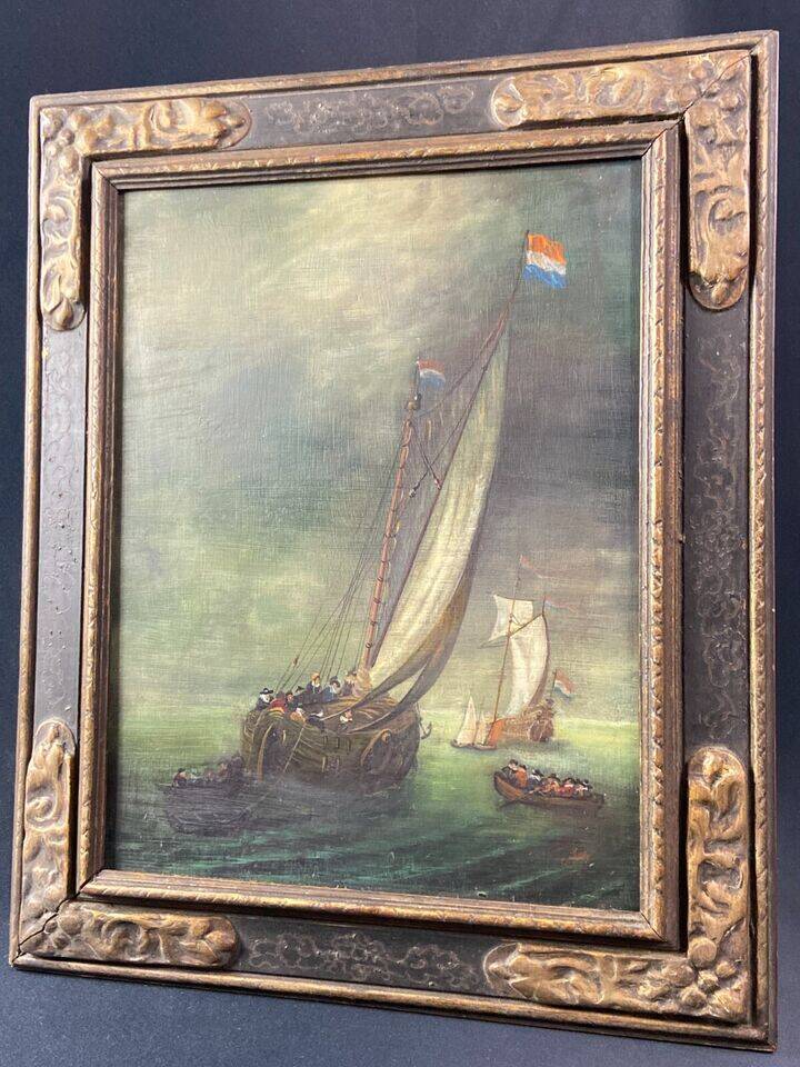 Tableau huile sur panneau Ecole hollandaise Marine monogrammée