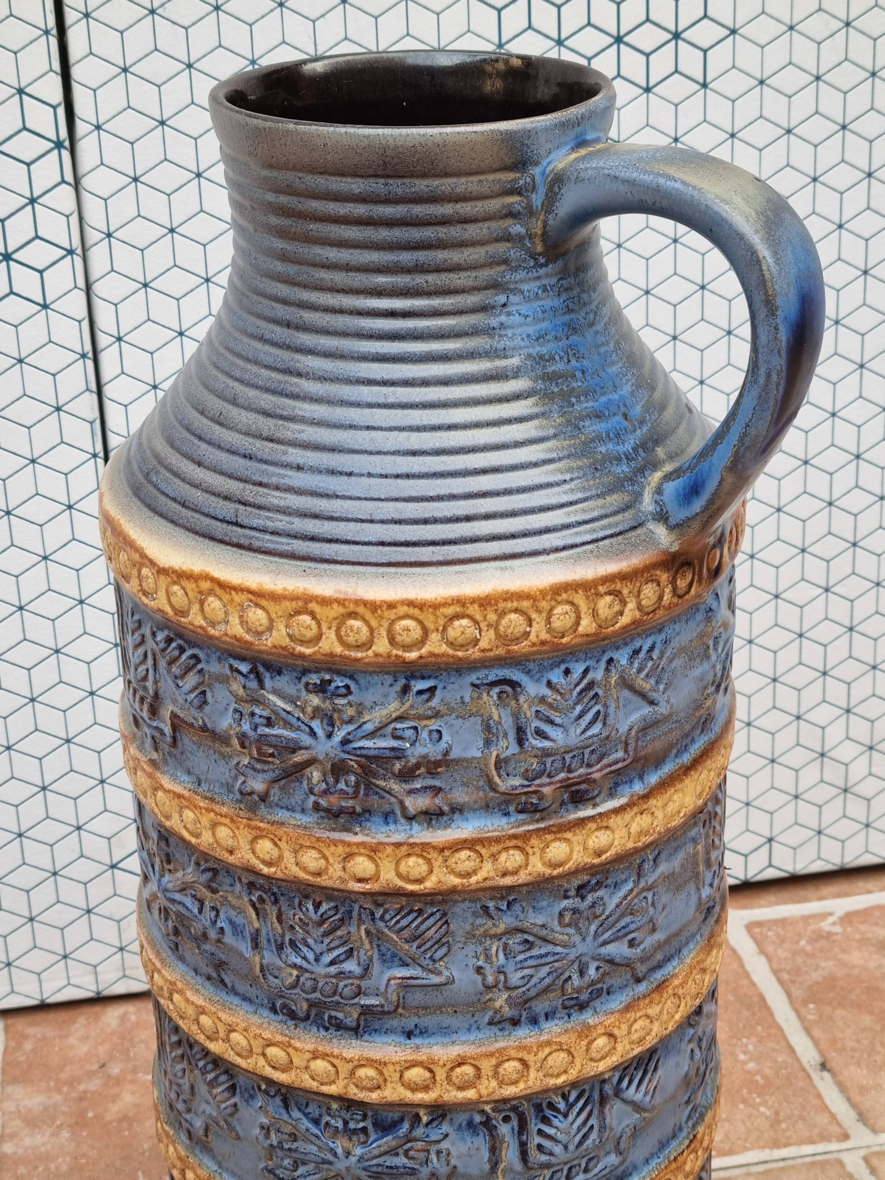Large Bay Keramik vase in blue and ochre ceramic – West Germany, 47 cm