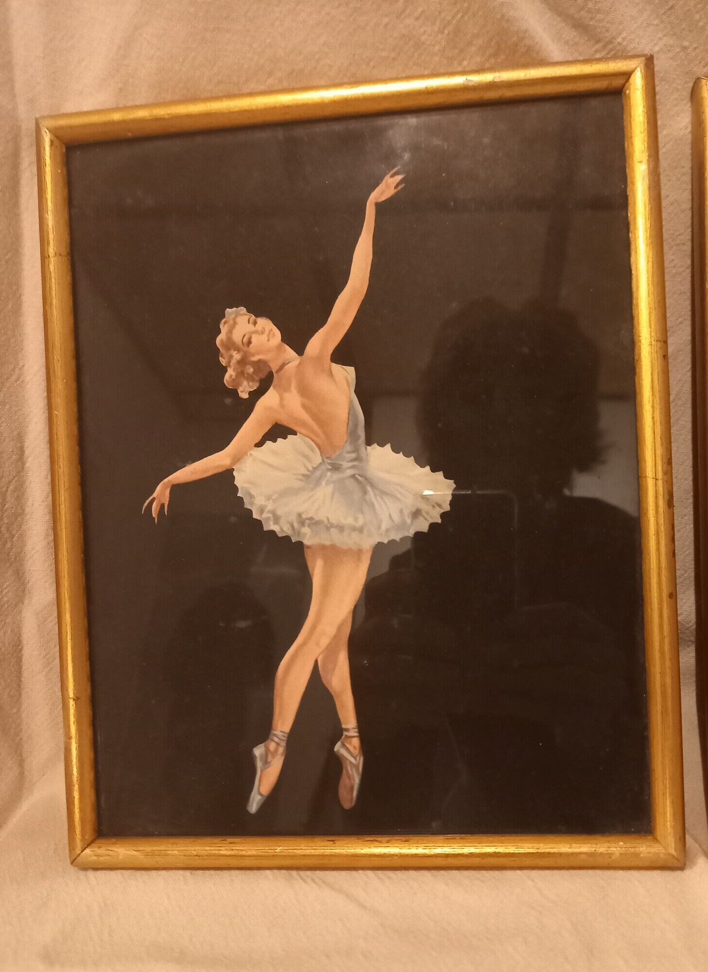 Two ballerinas, silhouettes of dancers, collages vintage under gold frame
