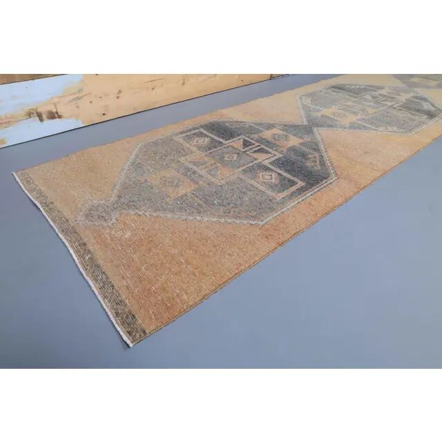 1970s Turkish Oushak handmade runner rug 95x386