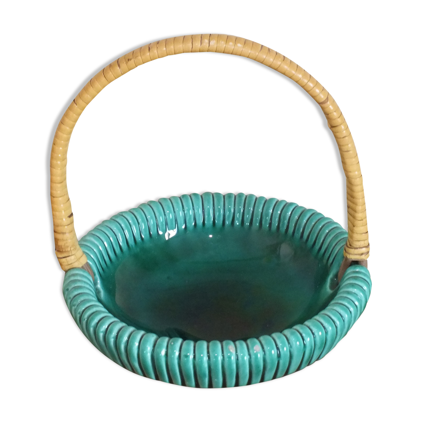 Empty basket vintage pocket in green ceramic and wicker