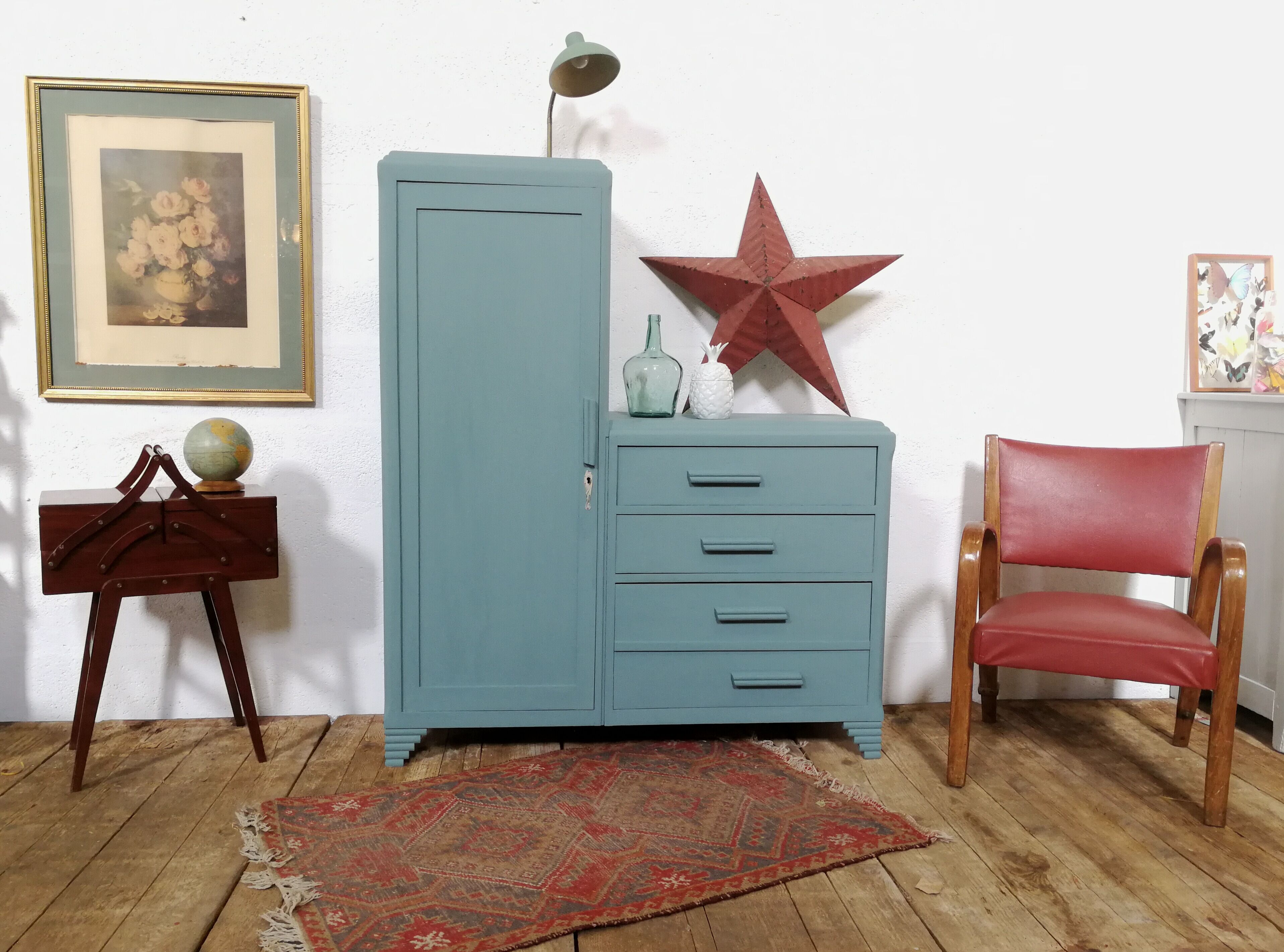 Asymmetrical furniture of the 1950s blue duck
