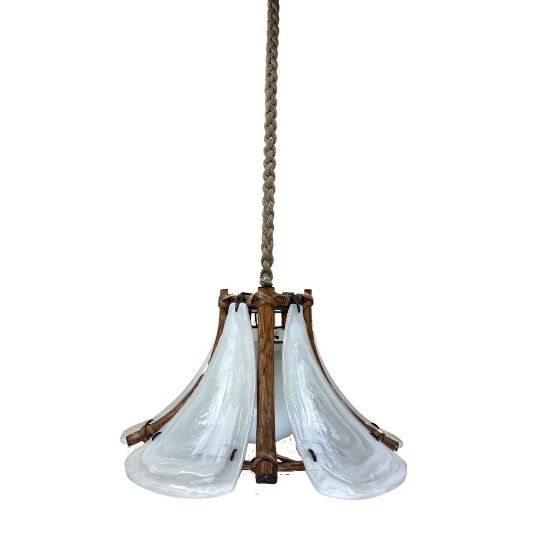Bamboo acrylic and opaline hanging pendant, 1970,  58cm