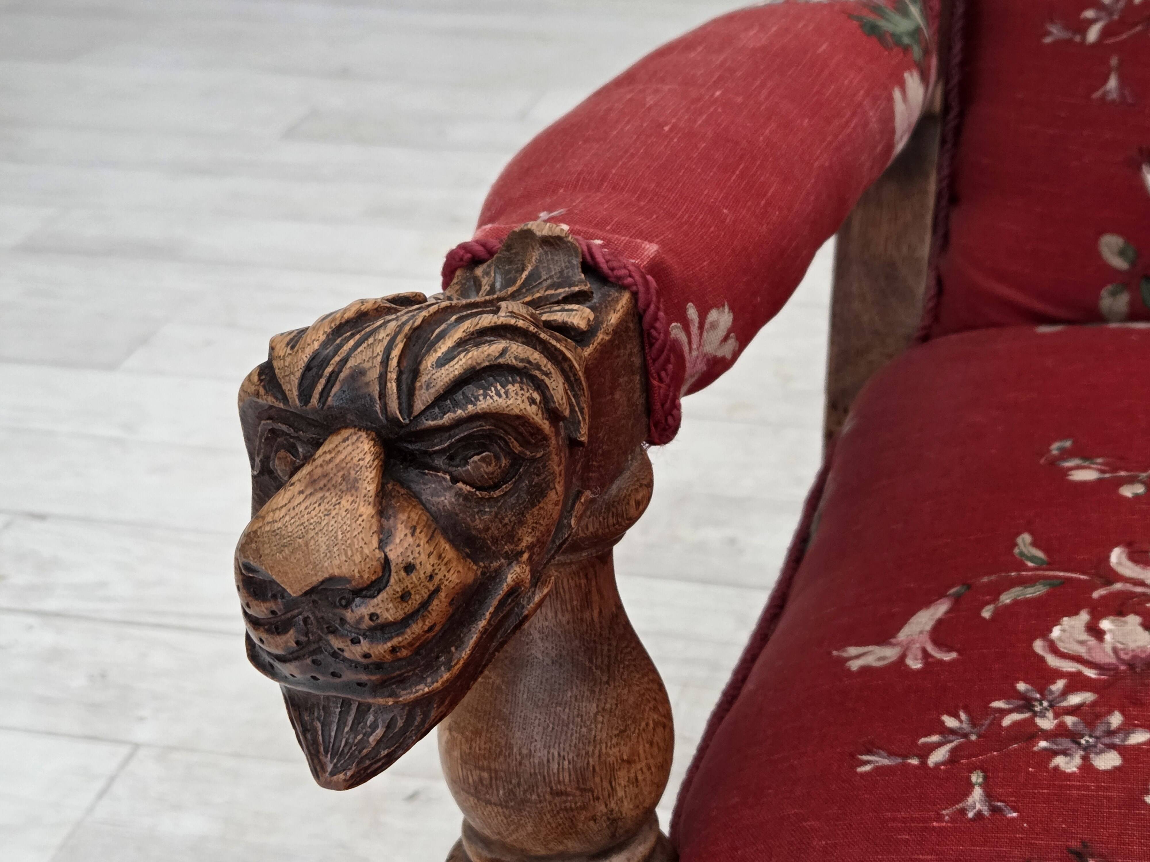1920-30s, Danish armchair, furniture cotton fabric, hand carved oak wood.