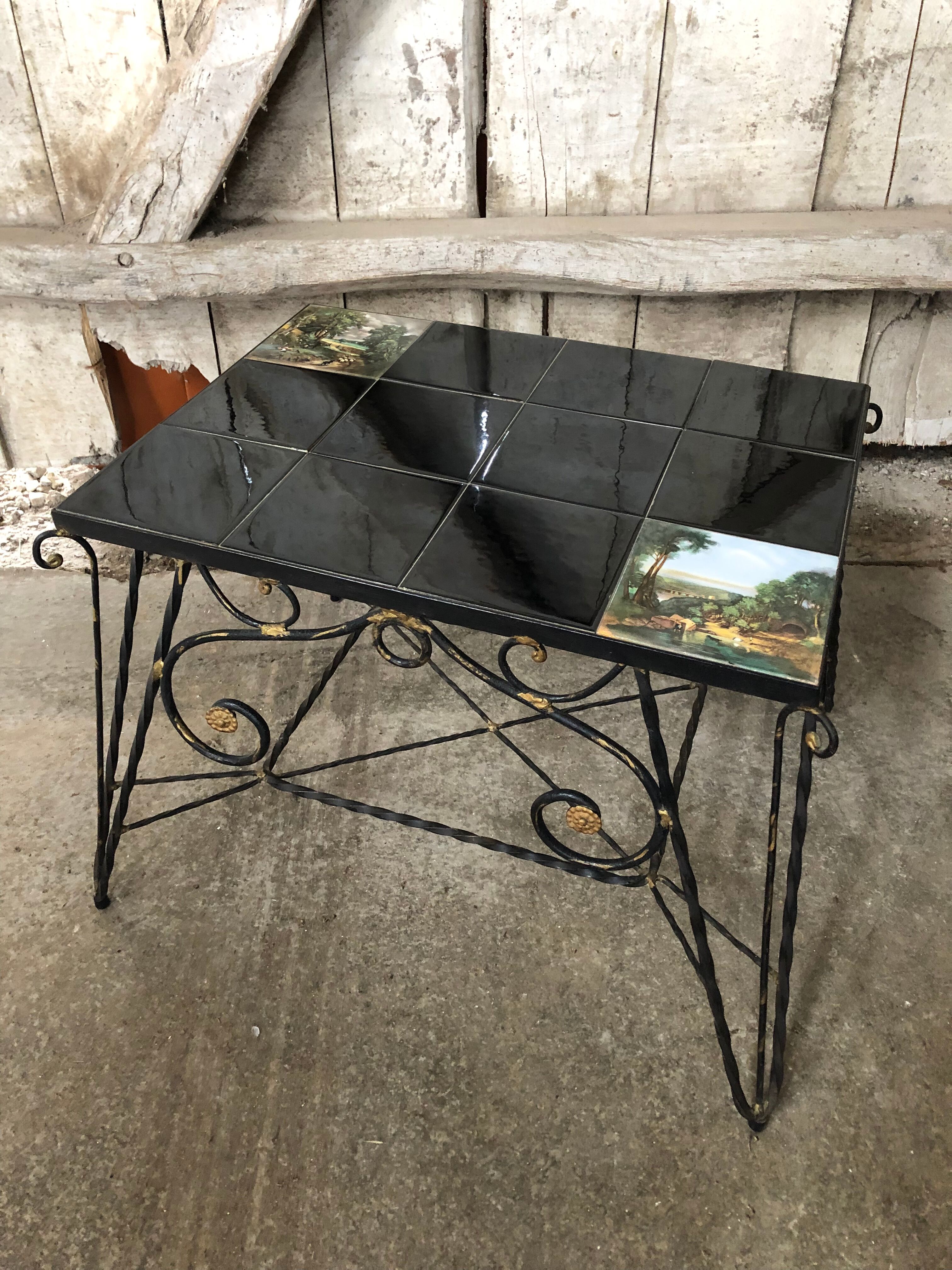 Old Coffee Table Wrought Iron Black & Gold + Tray Ceramic Tiles Vintage
