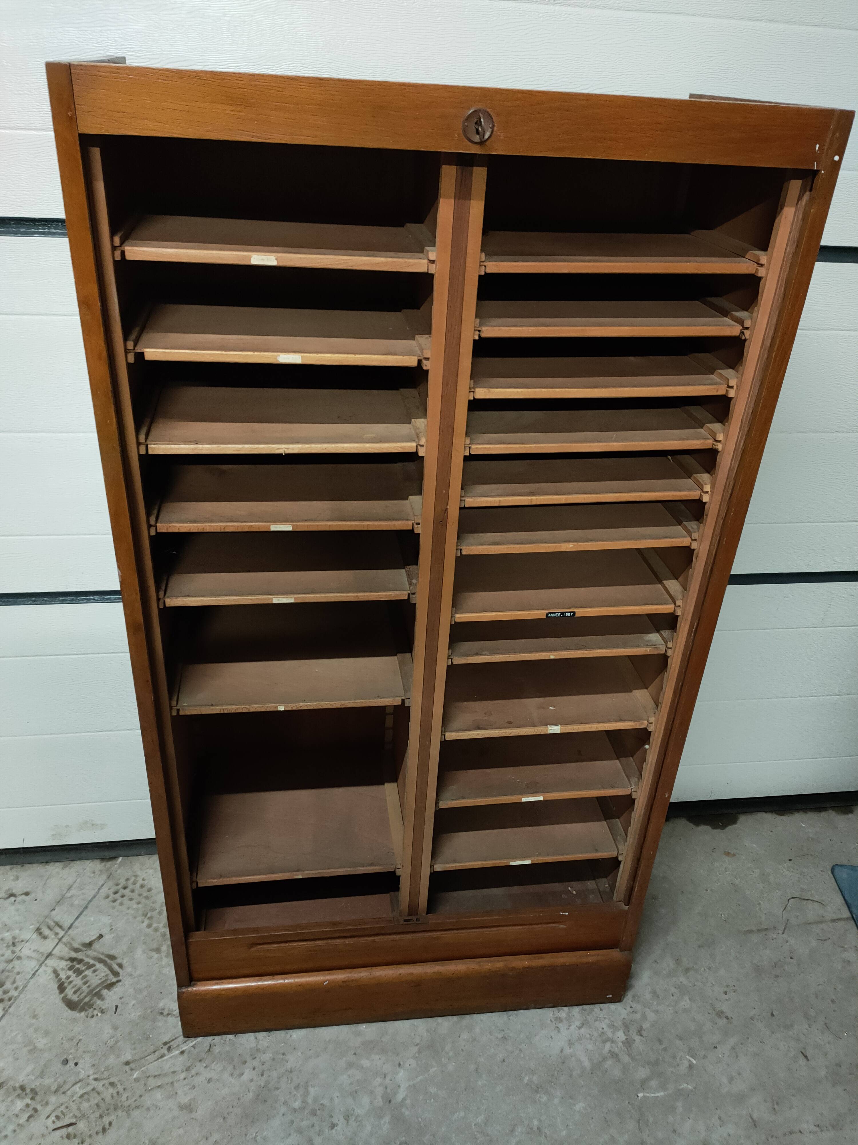 50s-60s double curtain filing cabinet in oak