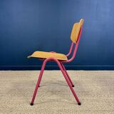 Set of 4 light wood school chairs with fuchsia legs, Netherlands, 1970s