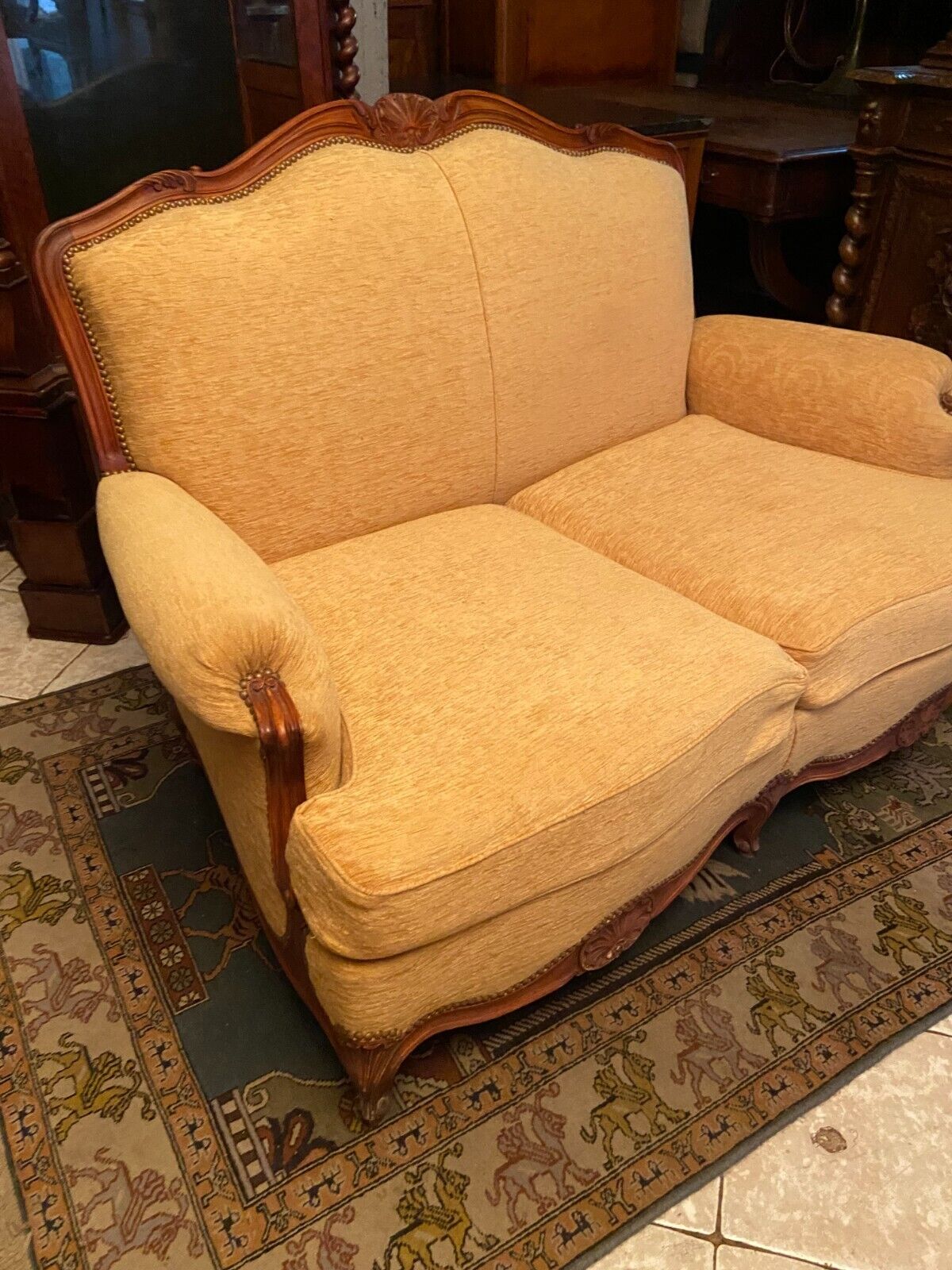 Sofa 2 places convertible sleeping 90x190 cherry Louis XV yellow velvet