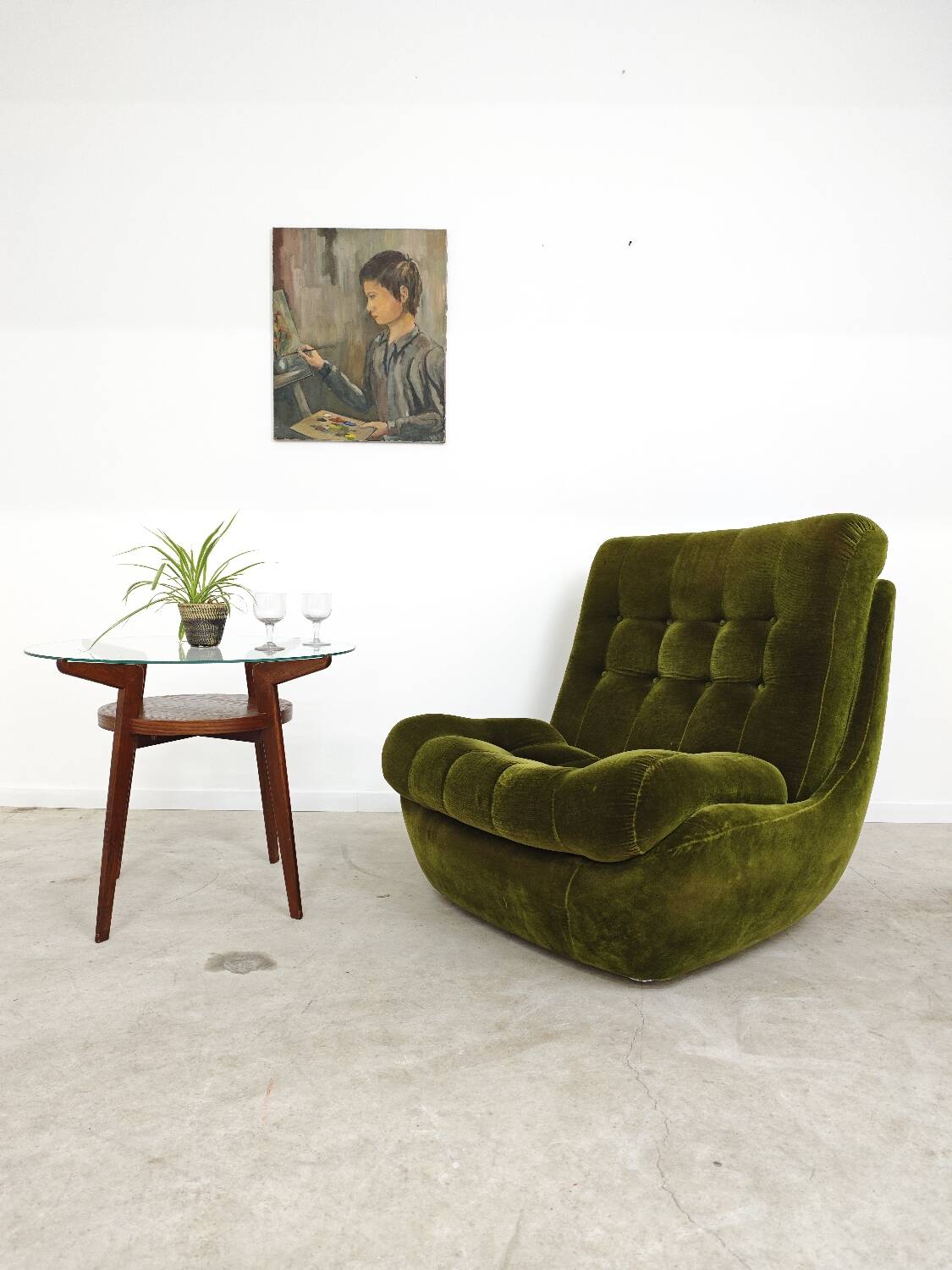 Pair of green velvet Atlantis armchairs by Jitona, ex Czechoslovakia 60s