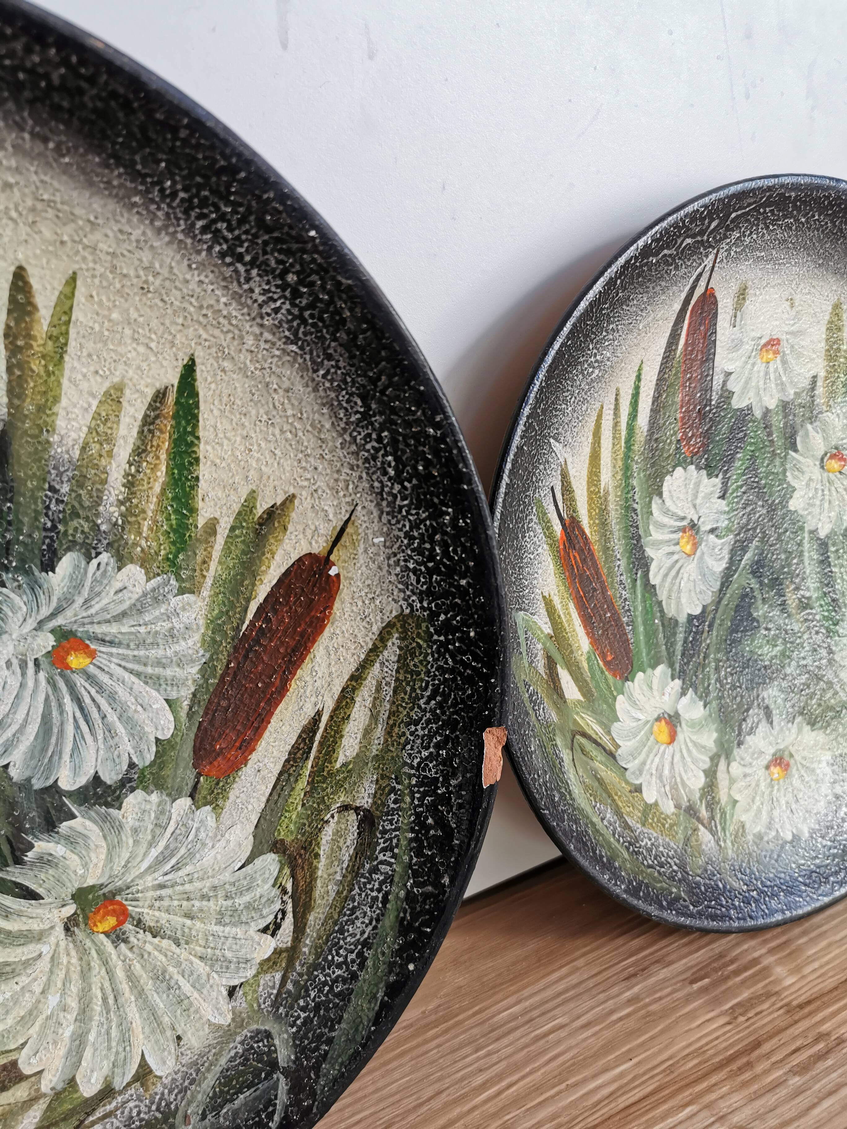 Vintage Hand-Painted Clay Plates: 1970s Yugoslavian Floral Wall Decor