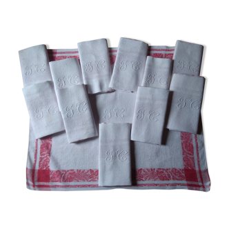 12 Ancient towel embroidered monogrammed JC floral red litter Napoleon III