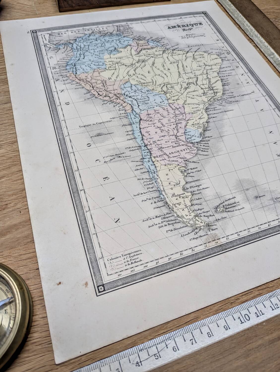 South America, antique map, printed in 1852. Authentic.