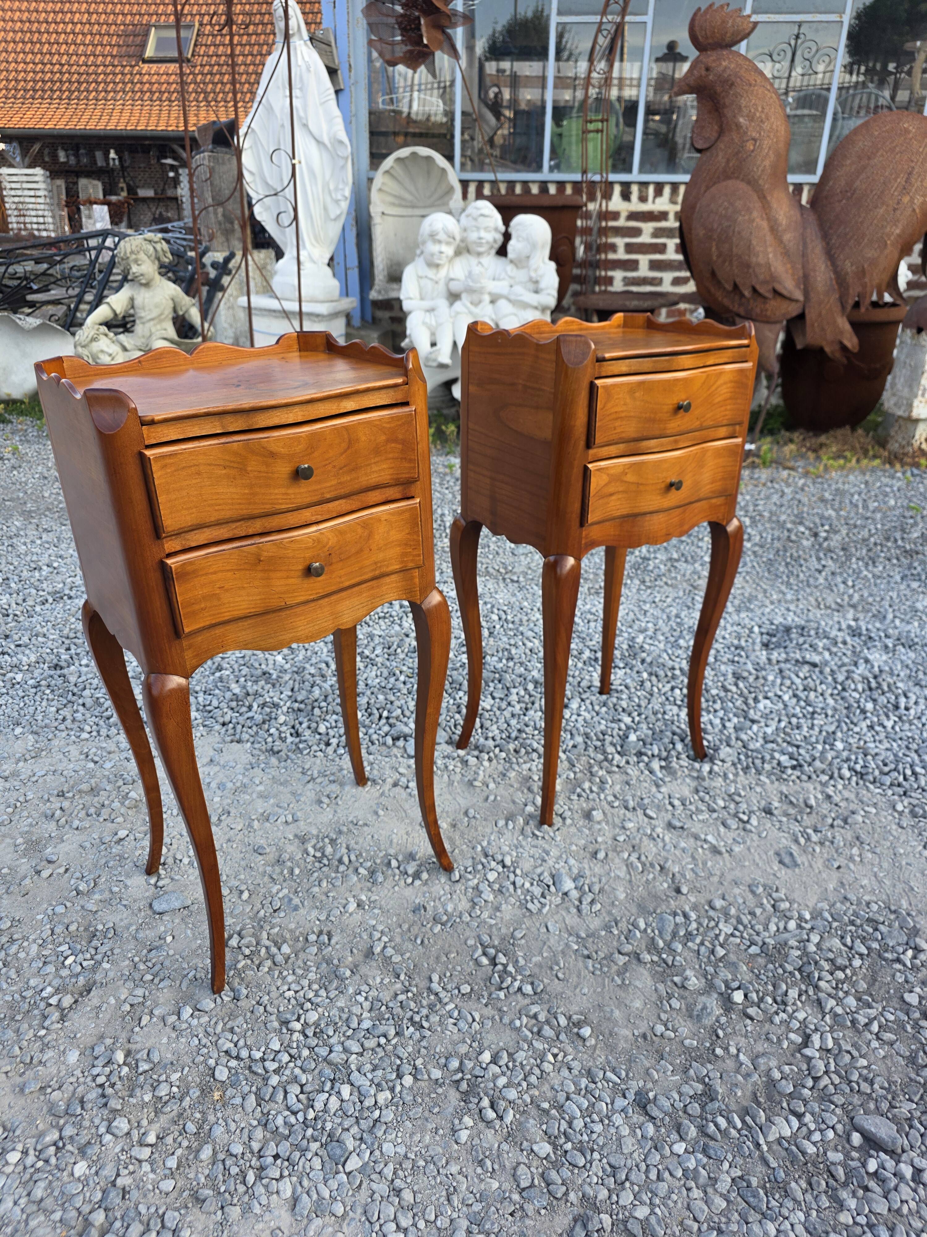 Pair of Louis XV style bedside tables in solid cherry wood.