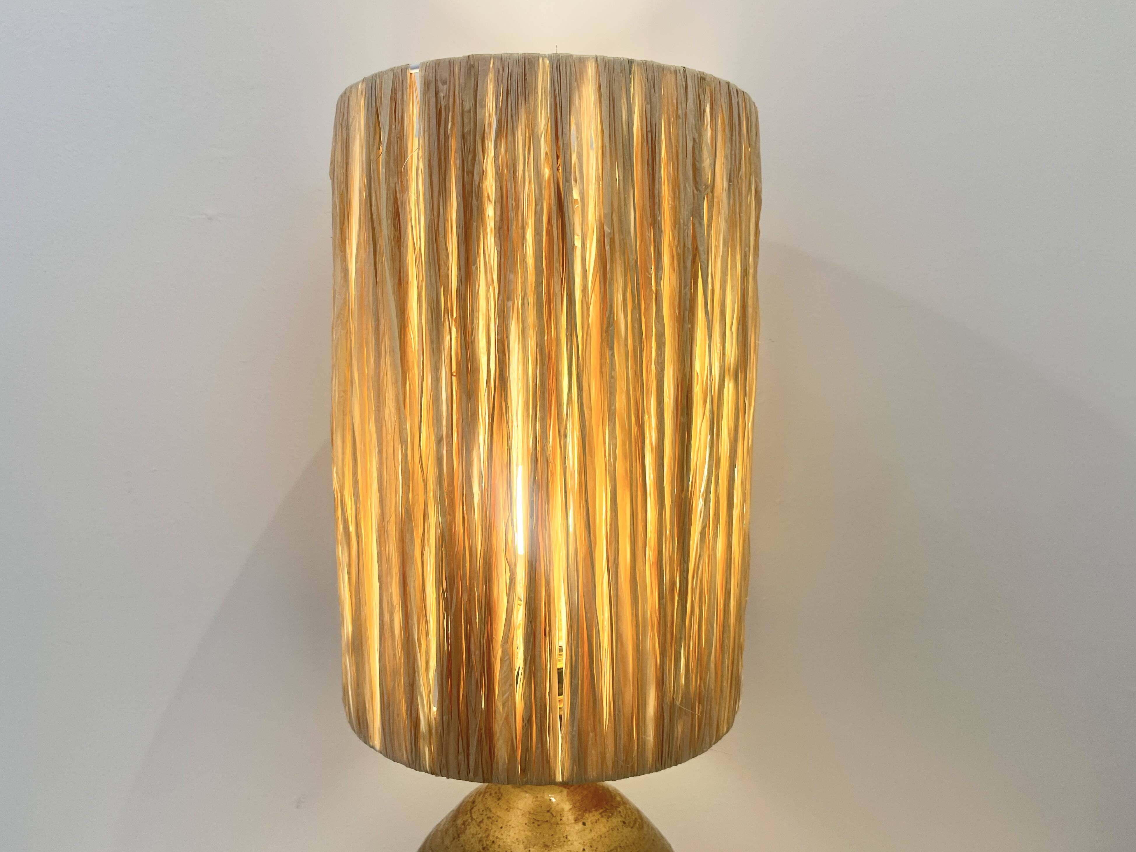 XXL Vintage Lamp Base in Beige Brown Stoneware with Raffia Lampshade 1970