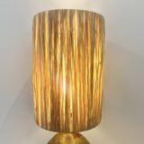 XXL Vintage Lamp Base in Beige Brown Stoneware with Raffia Lampshade 1970