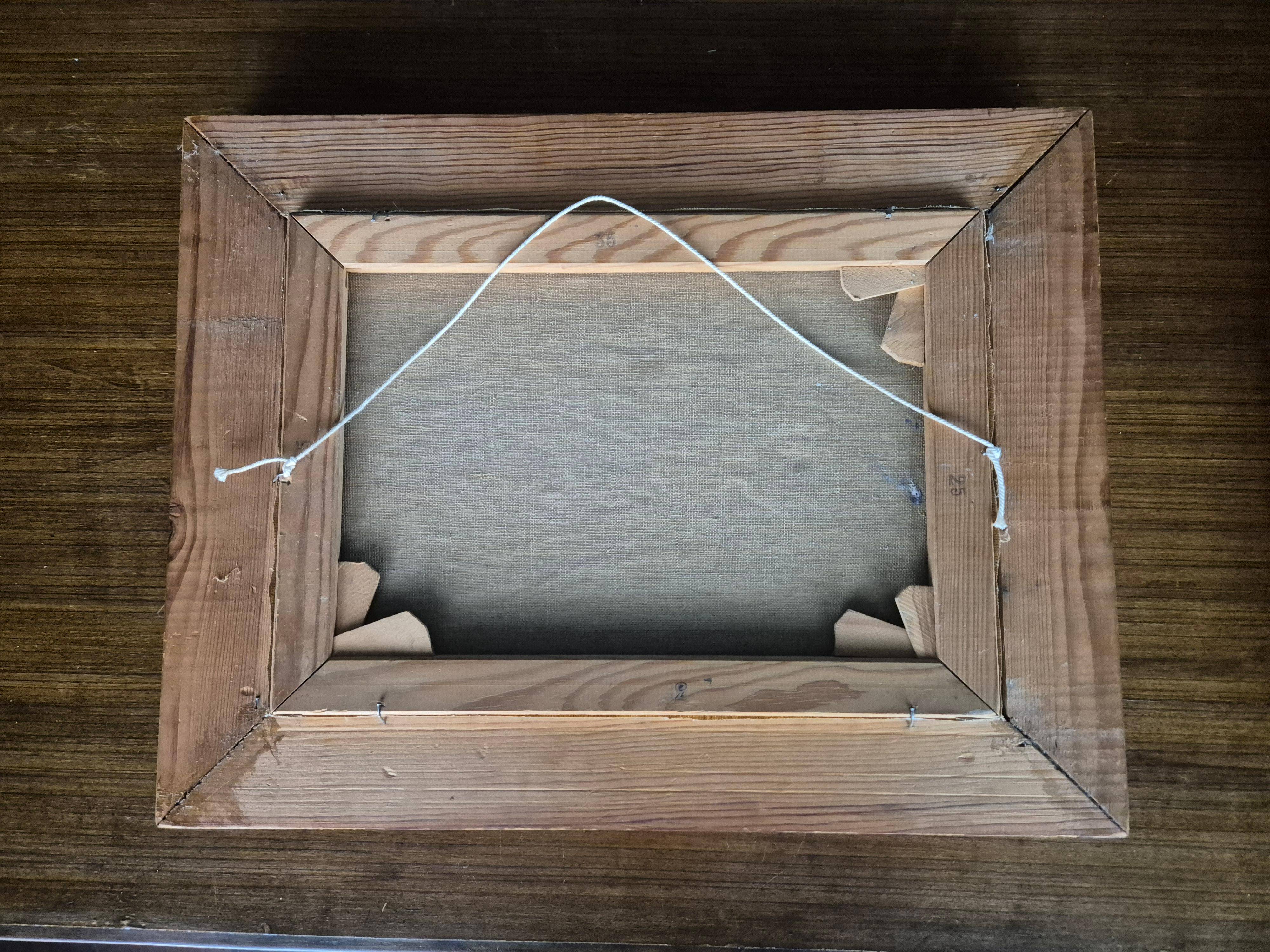 Swedish oil painting, ocean/archipelago motif with pine frame, mid-1900s.