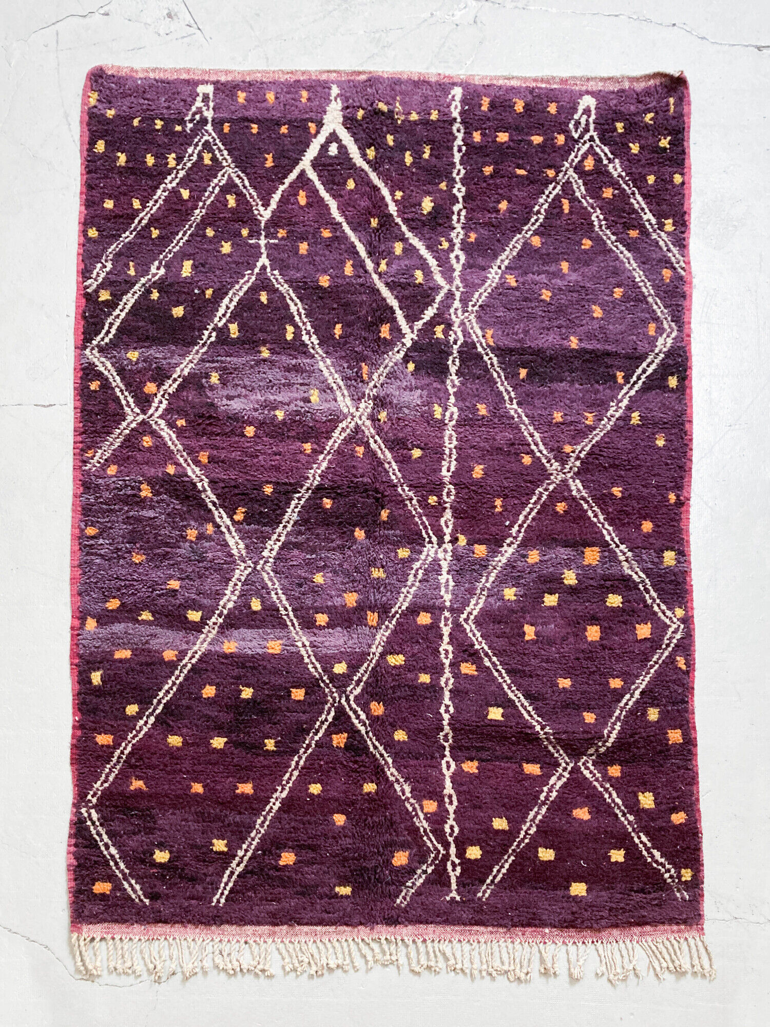 Moroccan Berber carpet beni ouarain purple with colorful graphic patterns 279x192cm