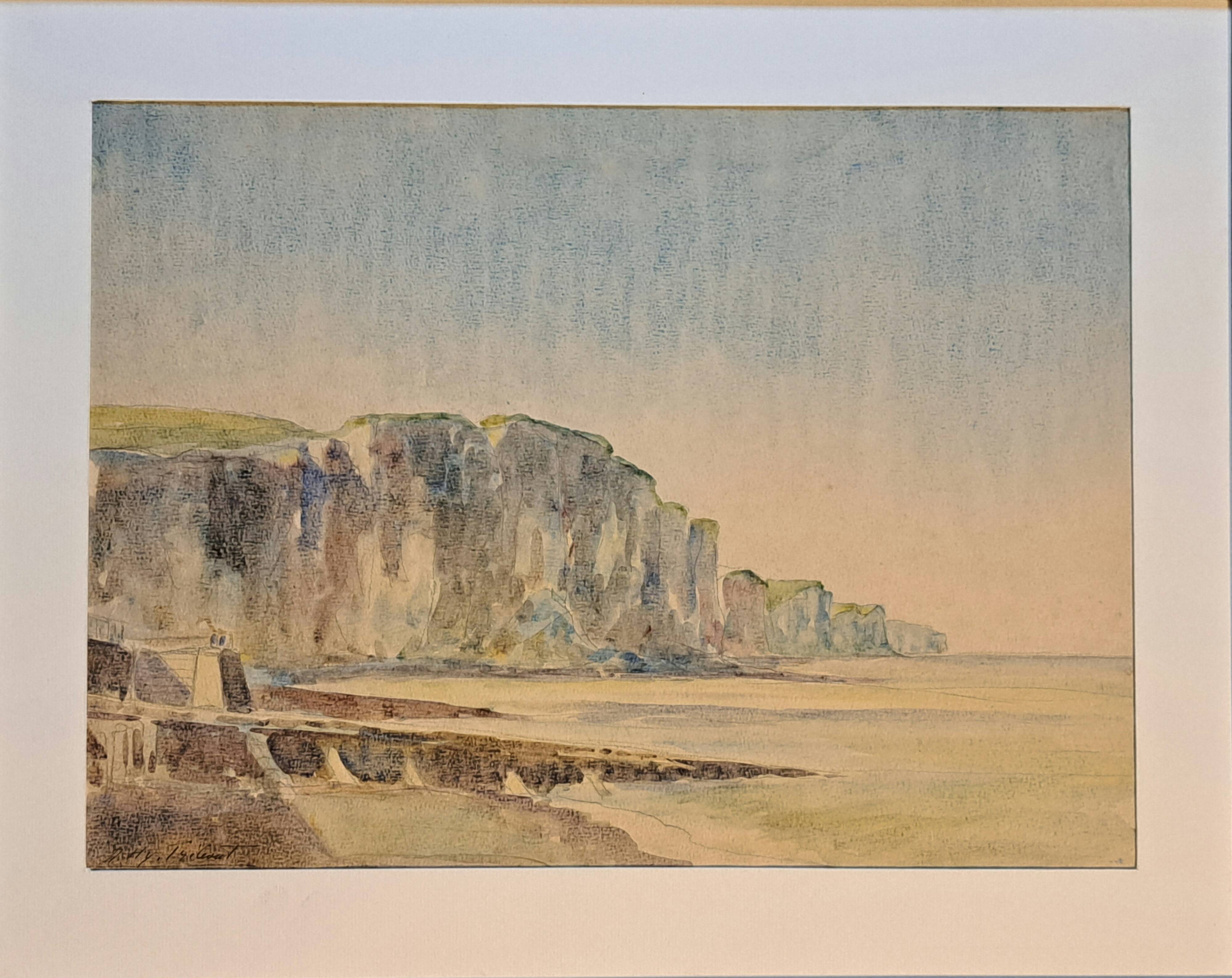 Impressionist painting, watercolour signed Henri TRIBOUT, Norman seascape, 20th century.