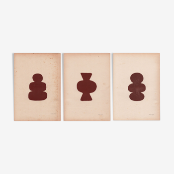 Les 3 muses - ensemble de 3 peintures sur papier - terracotta - signées Eawy