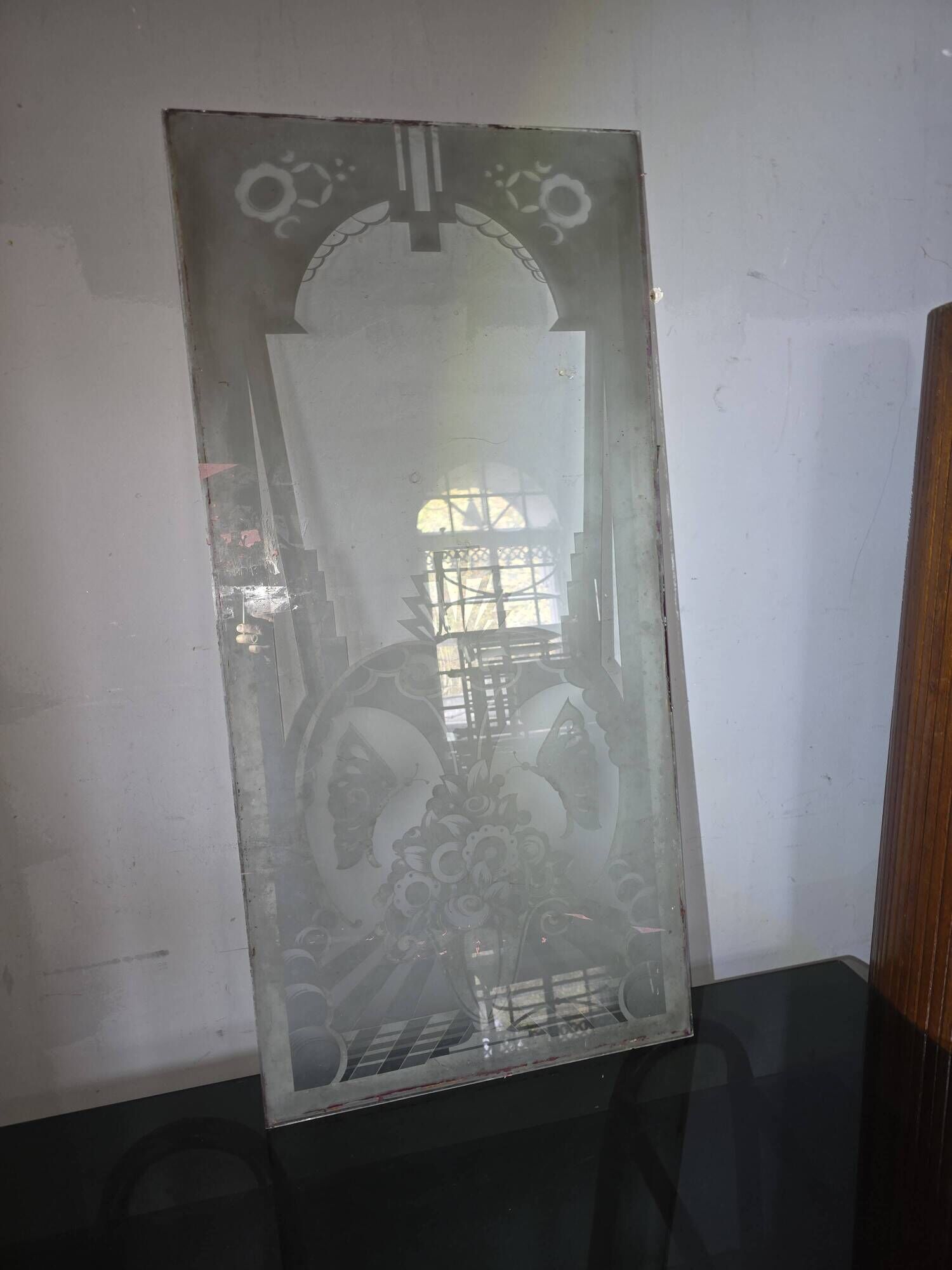 Art Deco engraved glass door panel 1930