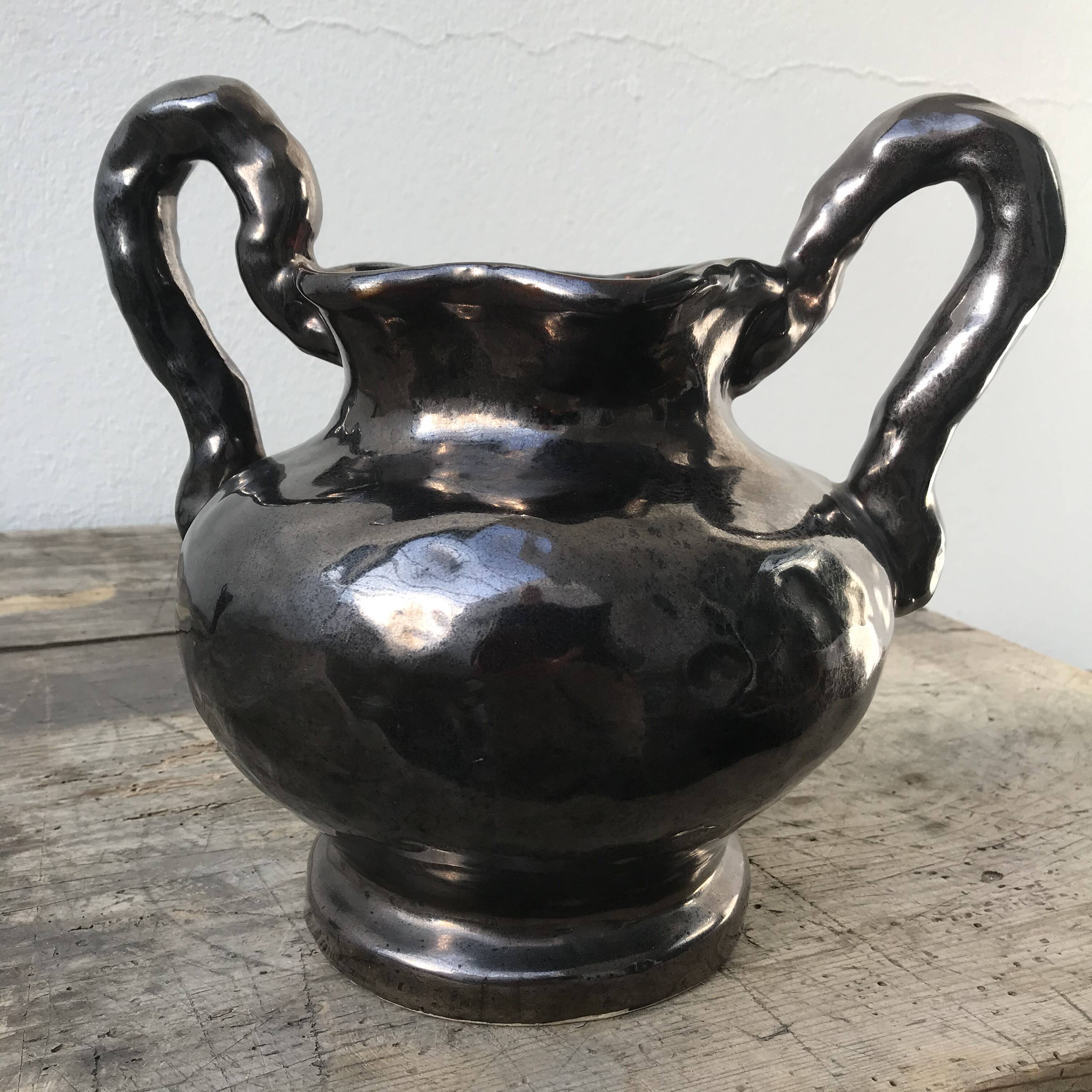 Black Ceramic Vase, pink inside color, signed