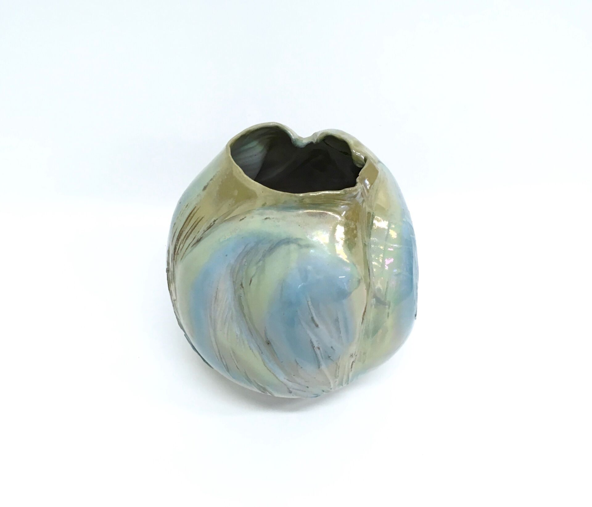 Postmodern sculptural hand-made iridescent blue glazed earthenware vase, italy
