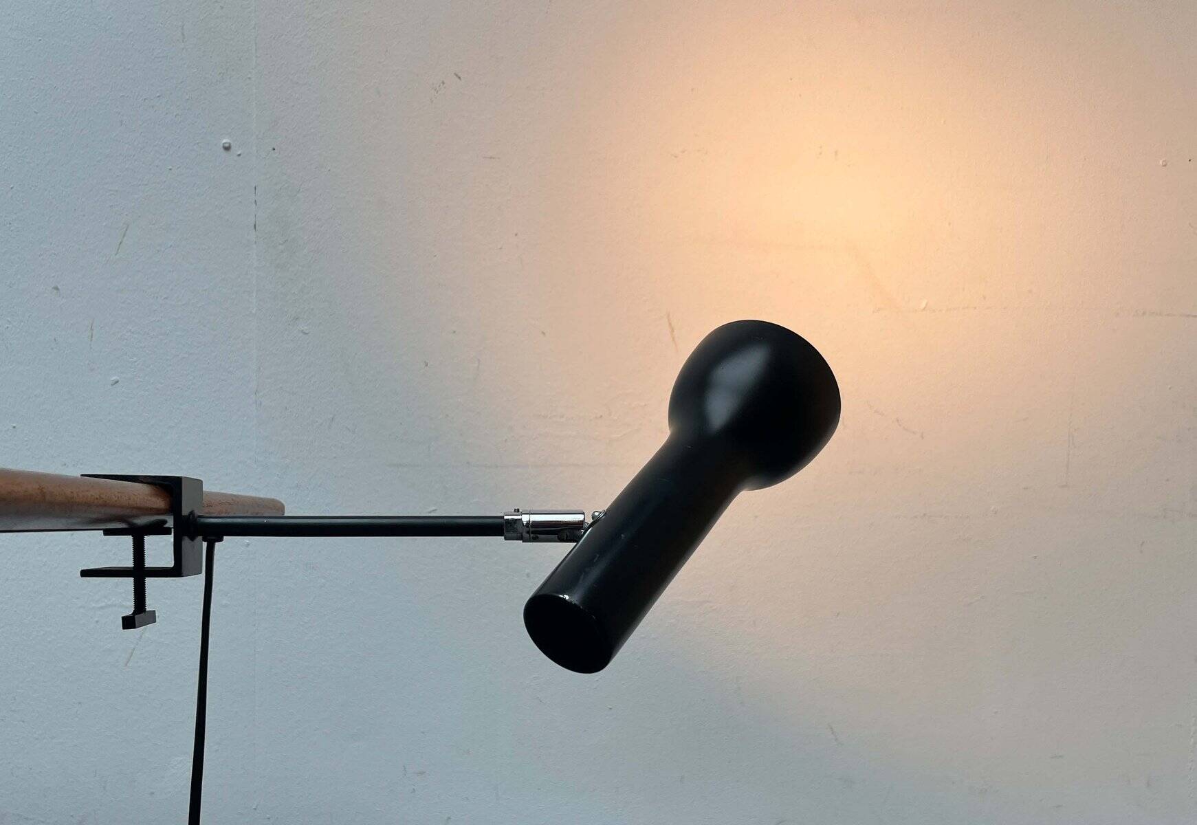 Mid-century minimalist Swiss clamp table lamp by the SLZ team for Swisslamps International, 1960s.