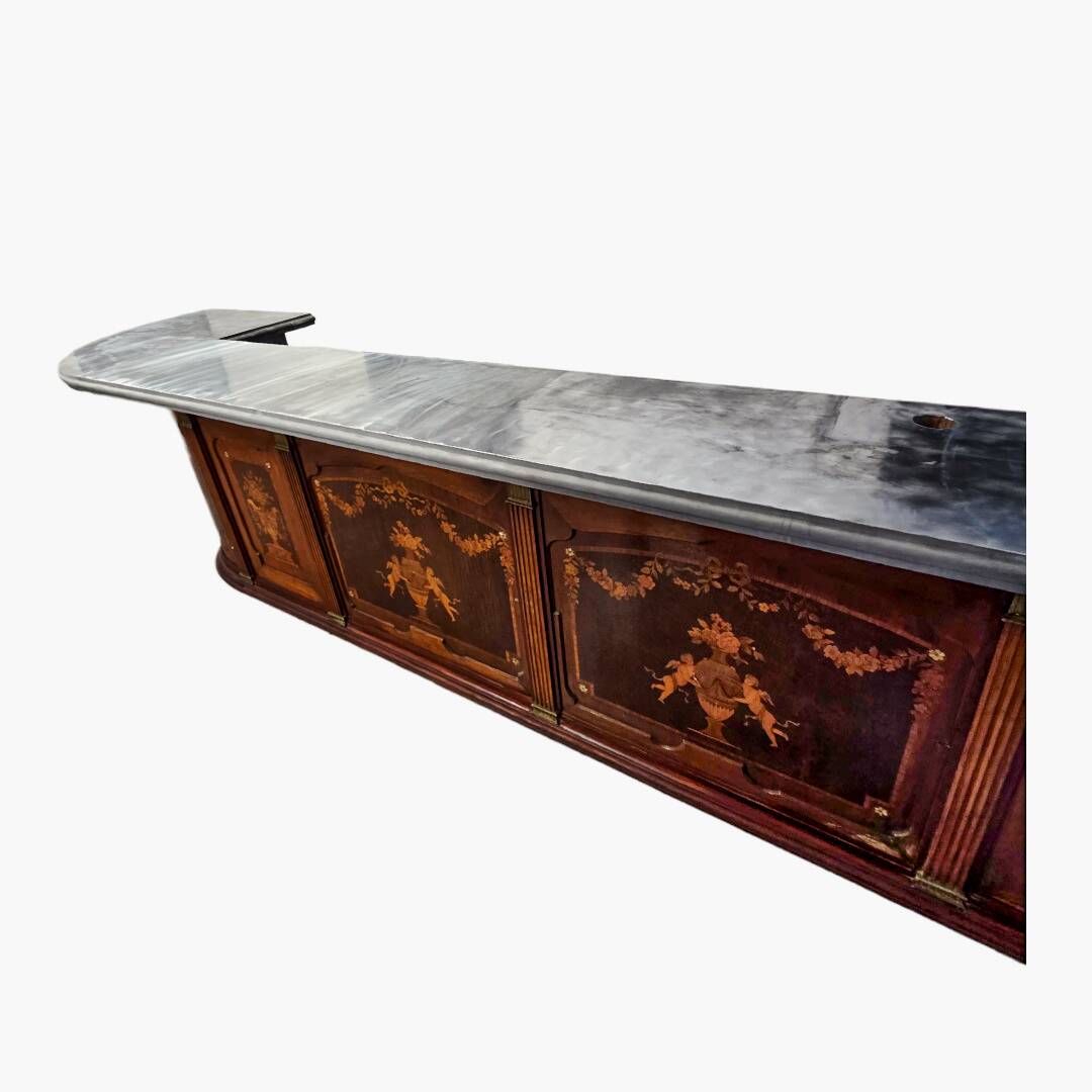 Large early 20th century inlaid wood bar counter - 410cm