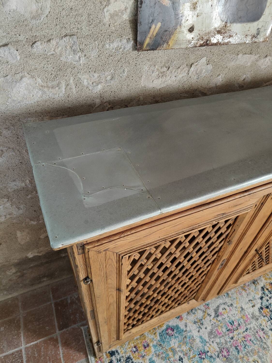 Antique solid pine sideboard with zinc top.