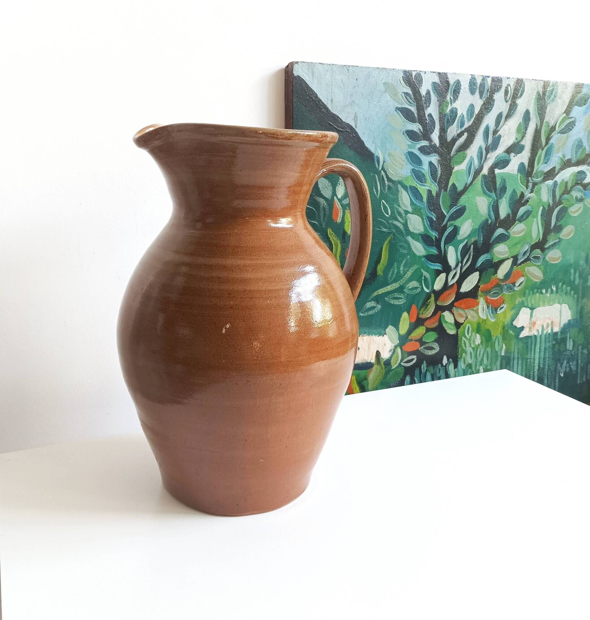 Very large antique glazed terracotta jug H 40 cm