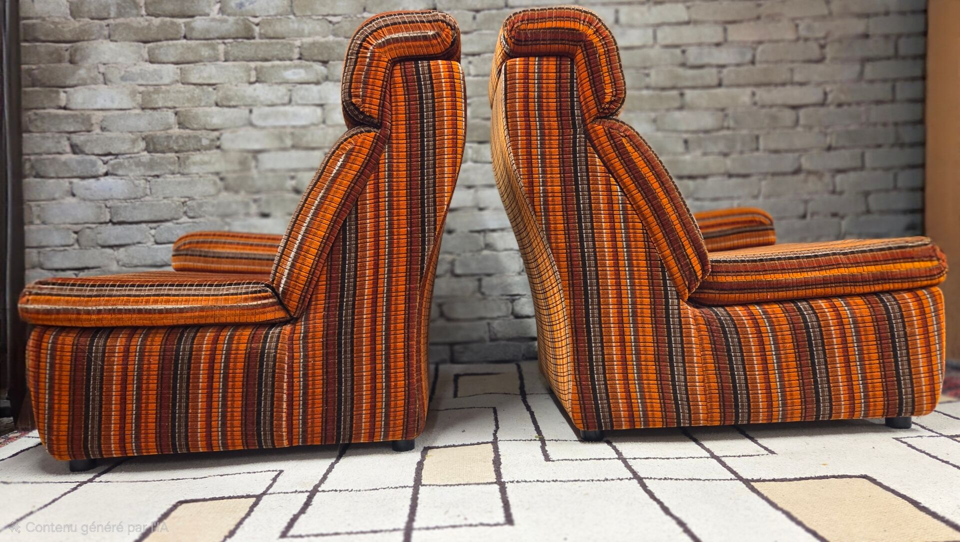 Pair of vintage 1970s modular armchairs – striped orange fabric