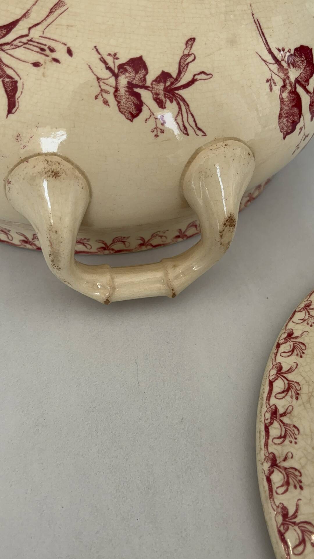 Red earthenware soup tureen, Gien factory, honeysuckle model.
