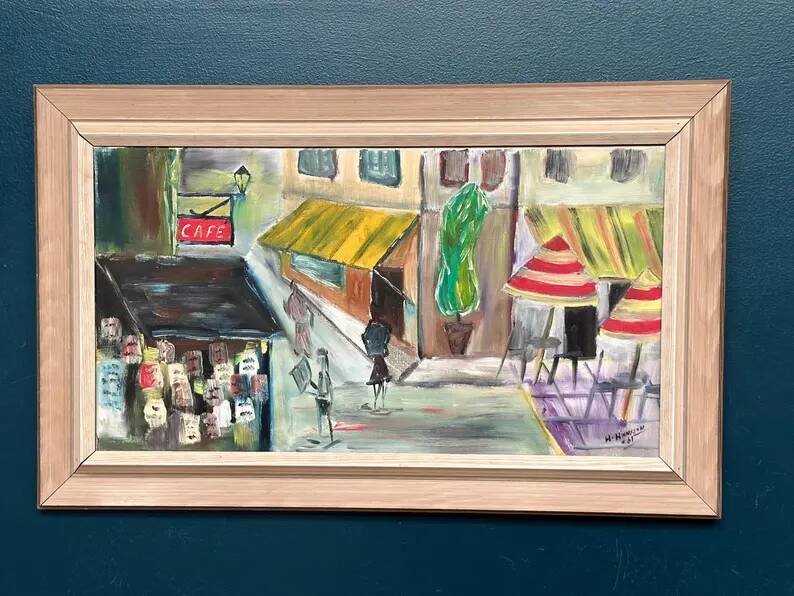 Original Swedish Oil on Canvas – “City Life” by H. Hanson 61 – Vintage & Framed – 72 × 45 cm (28.3" x 17.7")