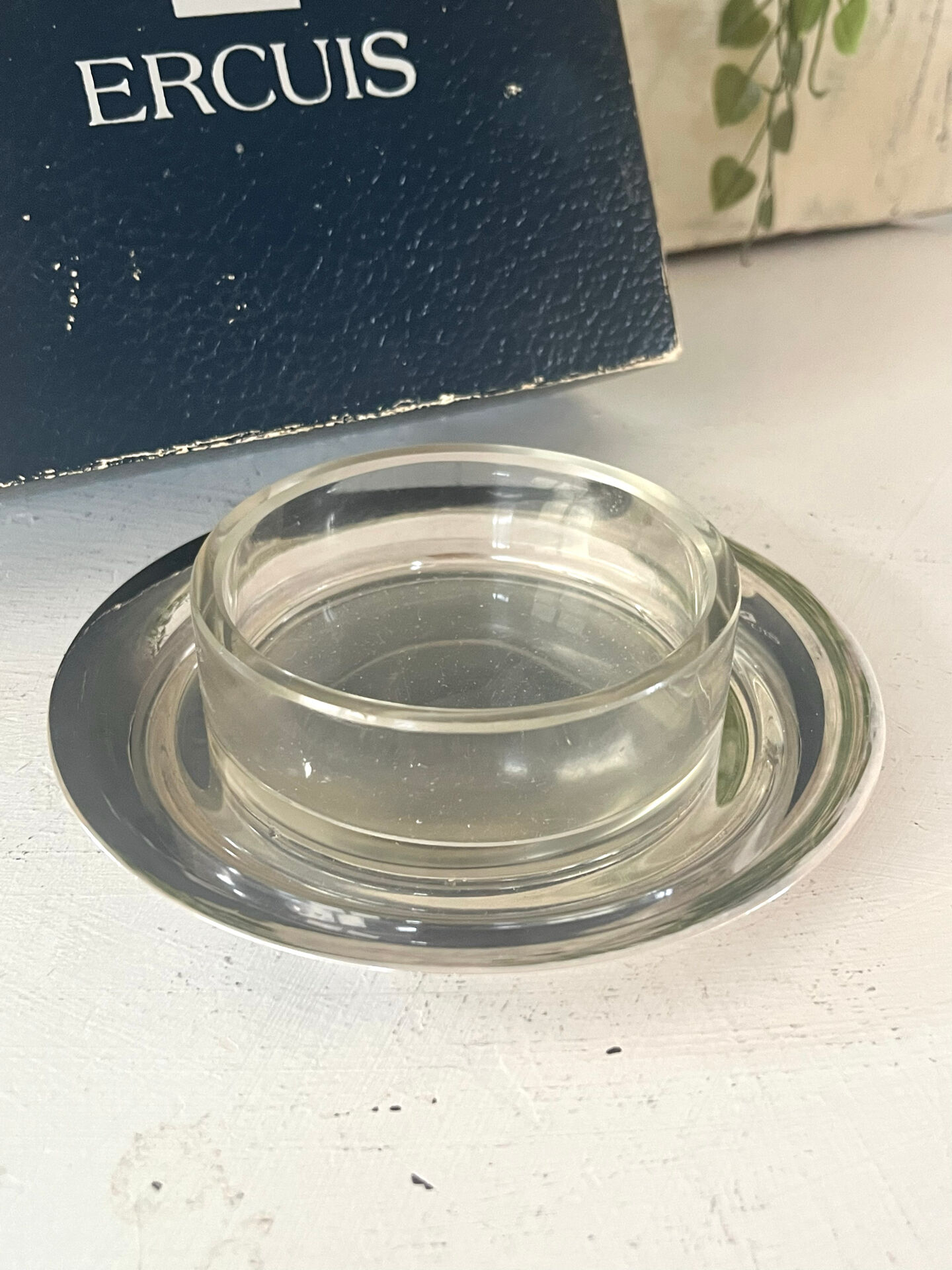 Silver plated butter dish with crystal insert by Ercuis, original box
