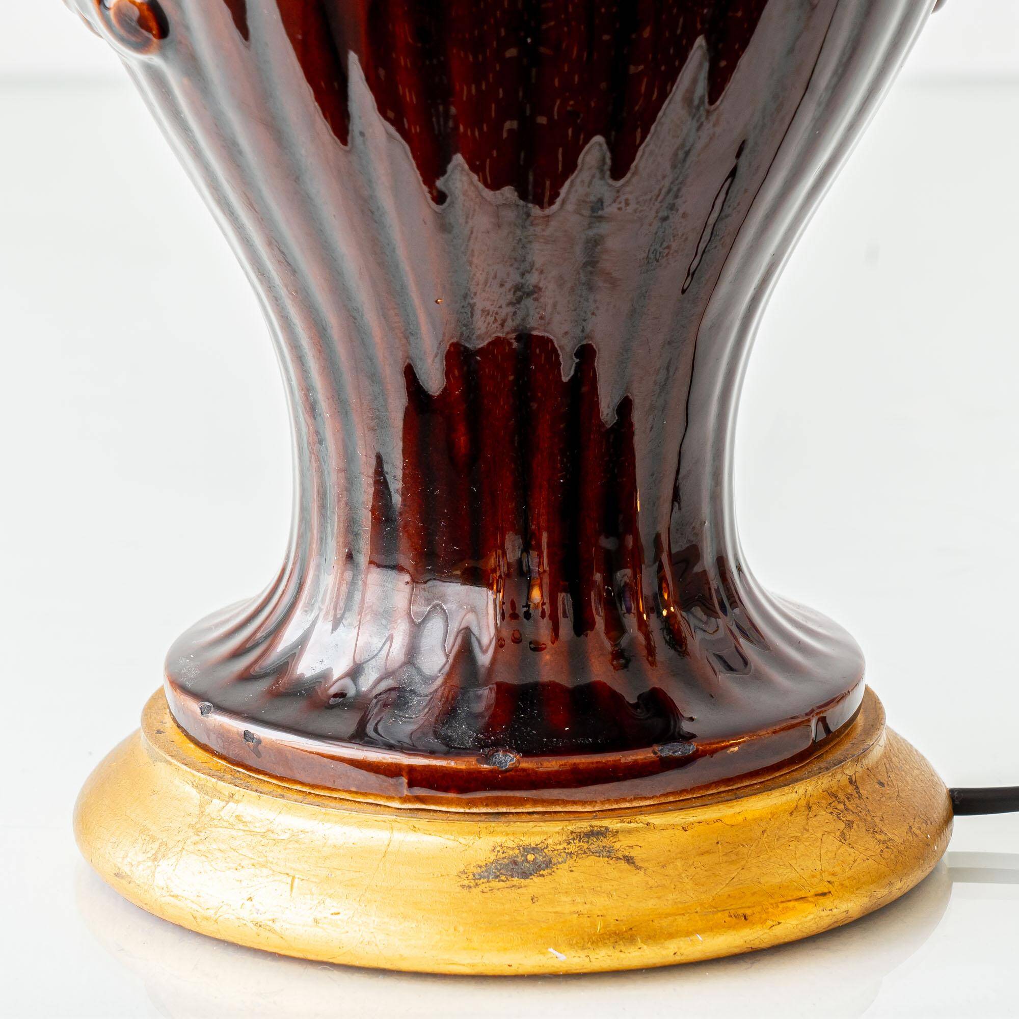Chocolate glazed ceramic table lamp from Manises, Spain, 1960s with a new silk shade.