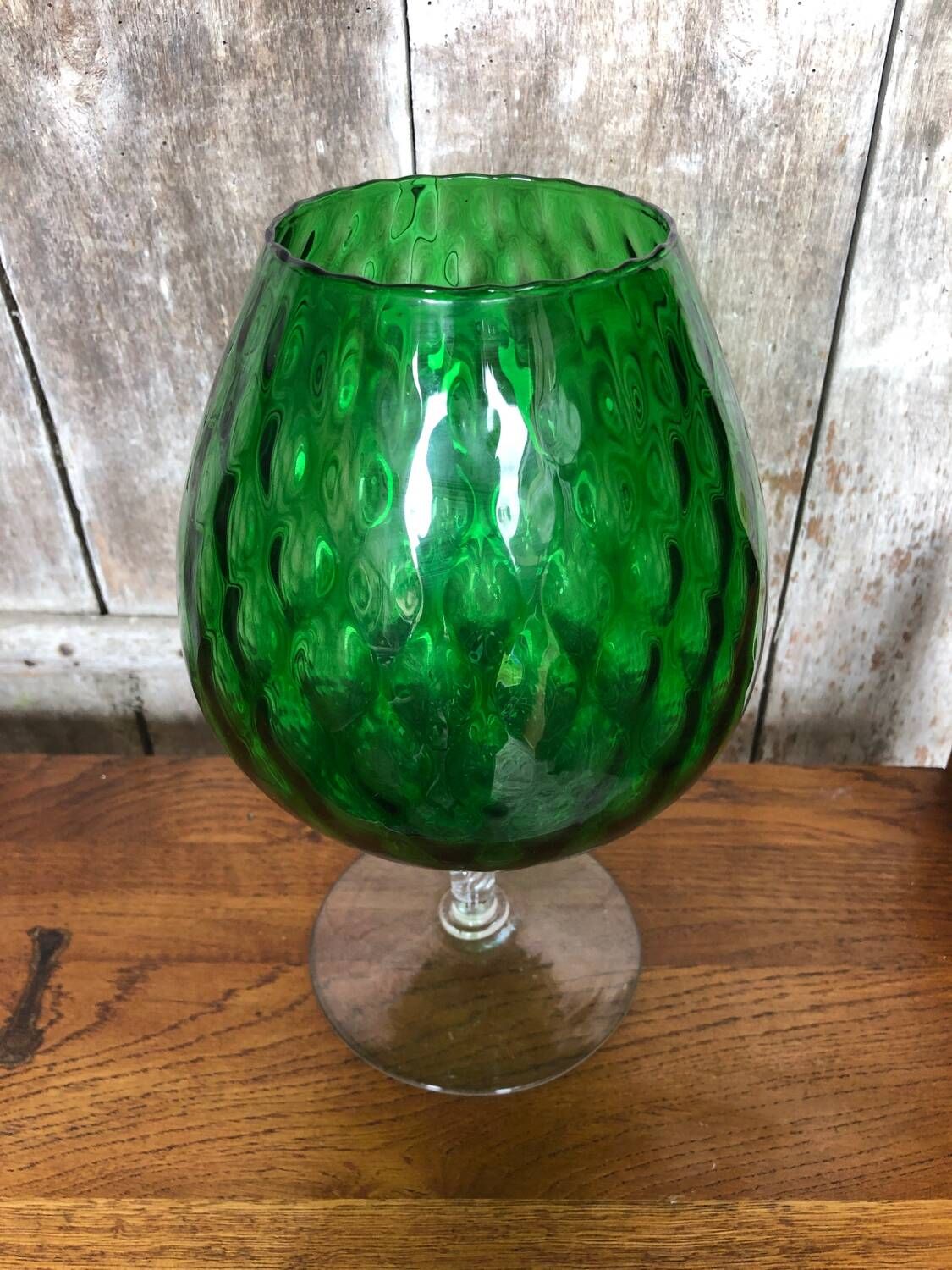 Old vase on foot empoli green glass transparent foot vintage