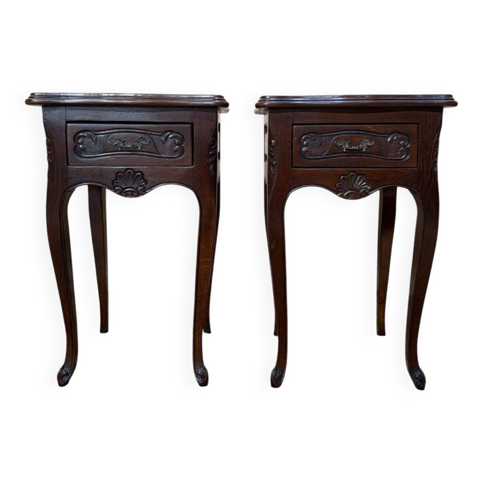 Pair of bedside tables – Louis XV style – Solid oak – Brass