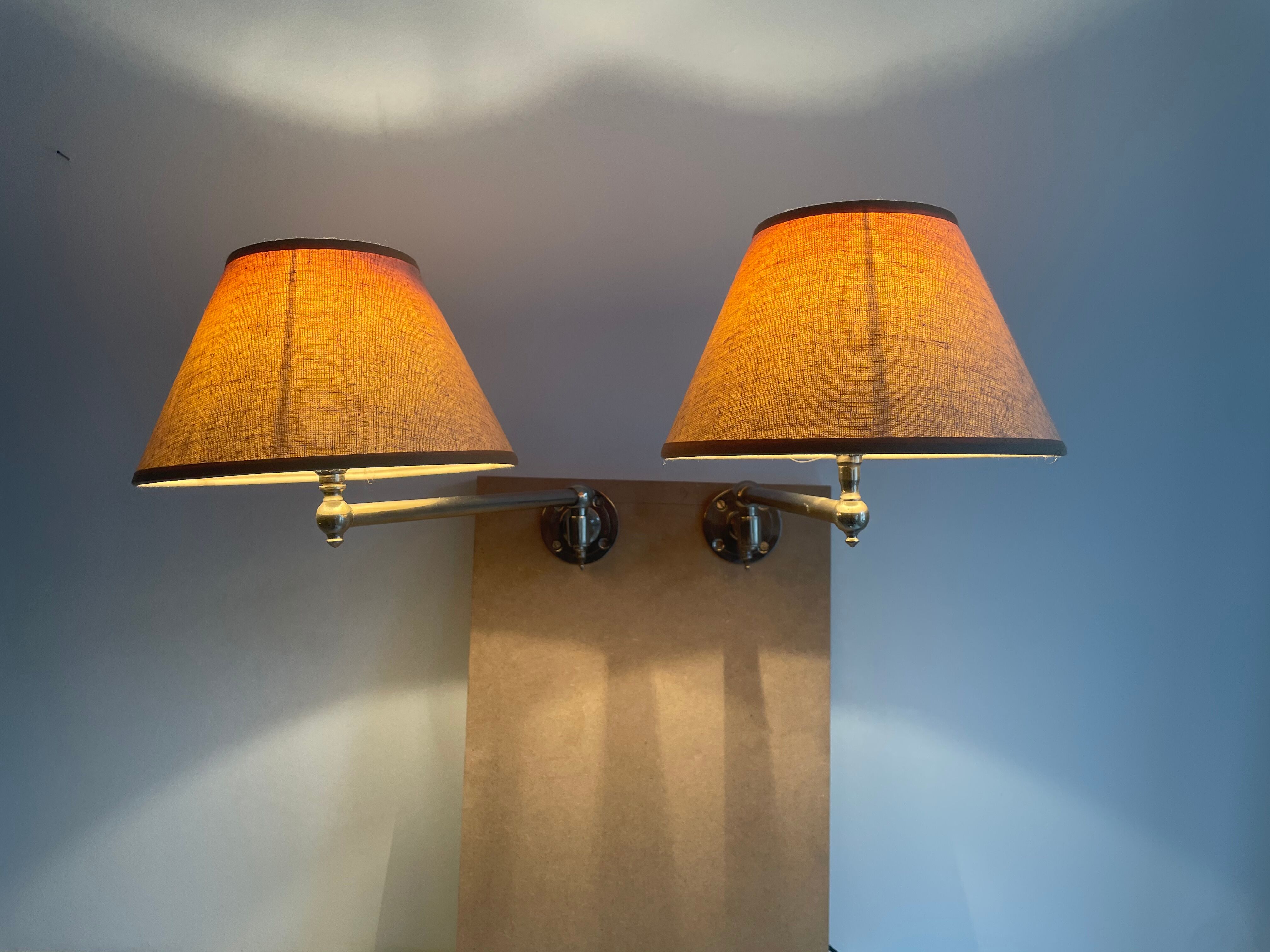 Pair of vintage, Art Deco chrome and beige adjustable wall lamps