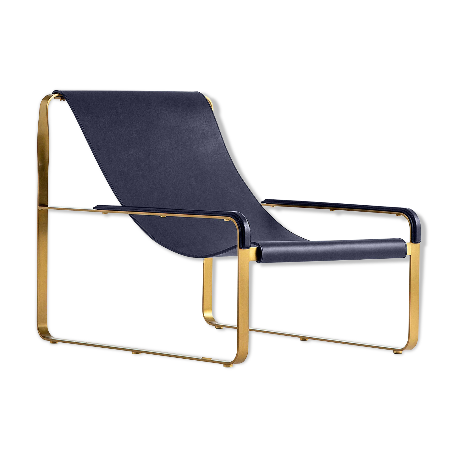 Classic Contemporary Chaise Longue in Aged Brass and Navy Blue Leather