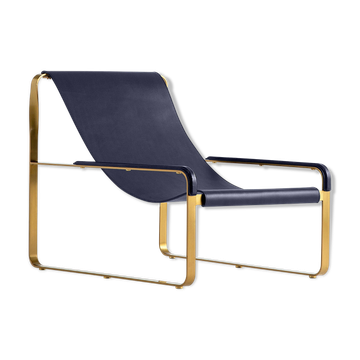 Classic Contemporary Chaise Longue in Aged Brass and Navy Blue Leather