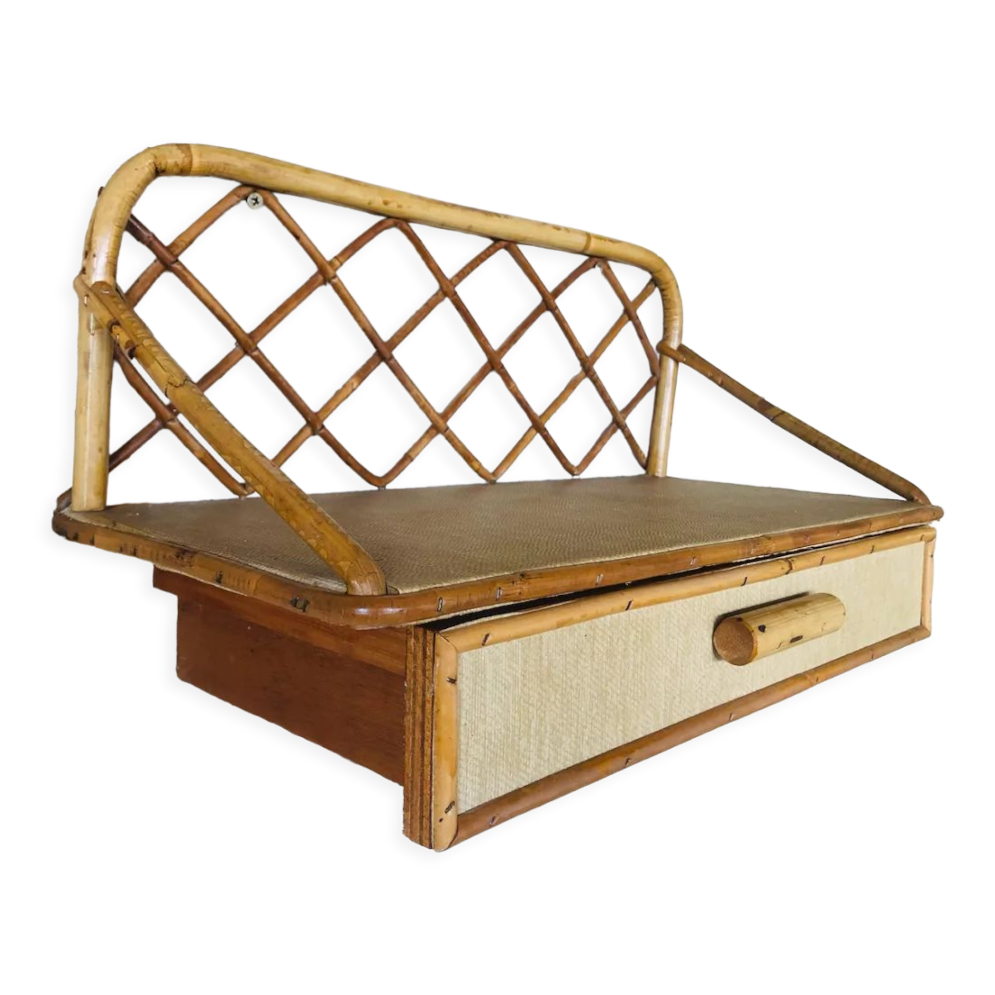 Vintage rattan wall shelf with storage, Circa 60