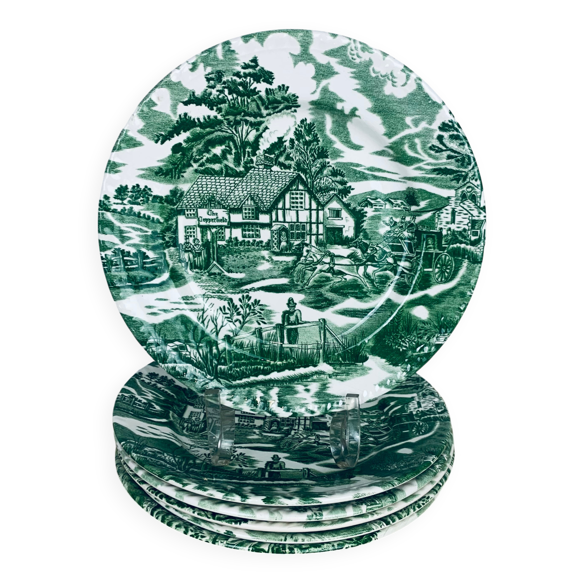 6 green English Style Luneville plates