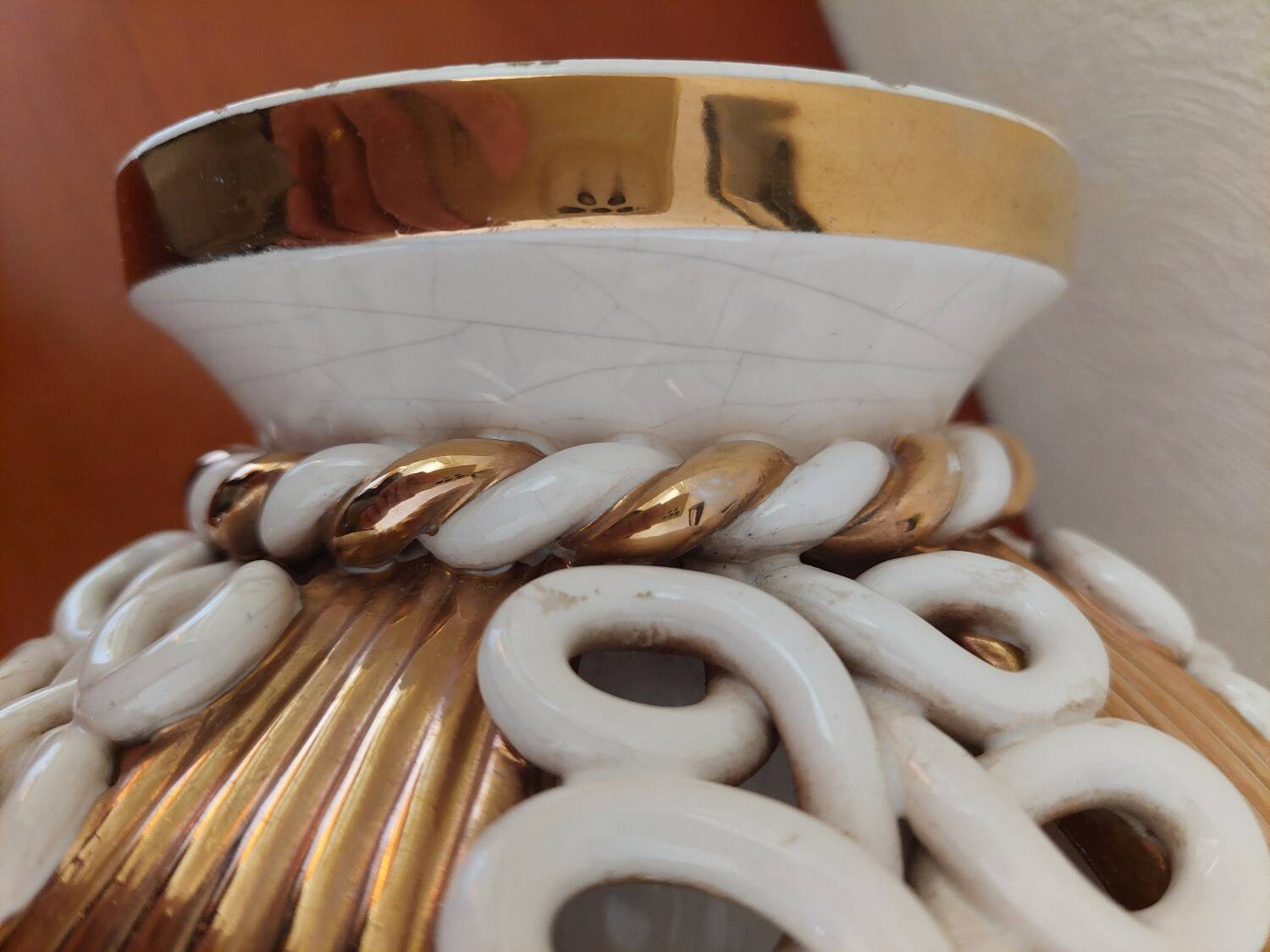 Sainte Radegonde ball vase in white and gold earthenware circa 1940-1950