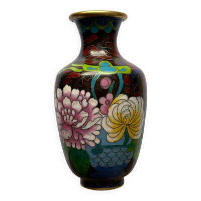 Vase chinois vintage en cloisonné, décor de pivoines, 15 cm