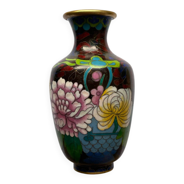 Vase chinois vintage en cloisonné, décor de pivoines, 15 cm