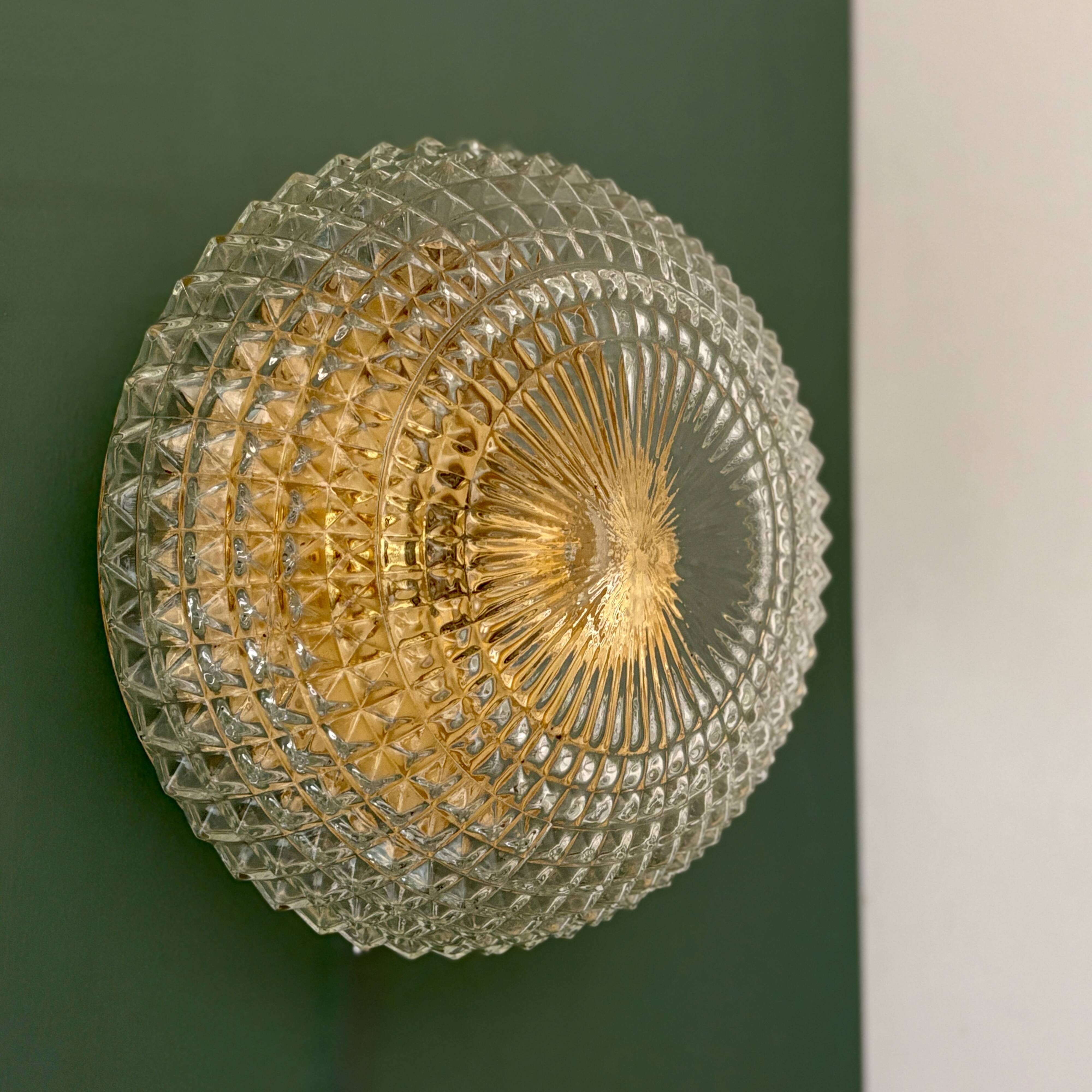 Vintage globe wall or ceiling light in molded diamond-point glass
