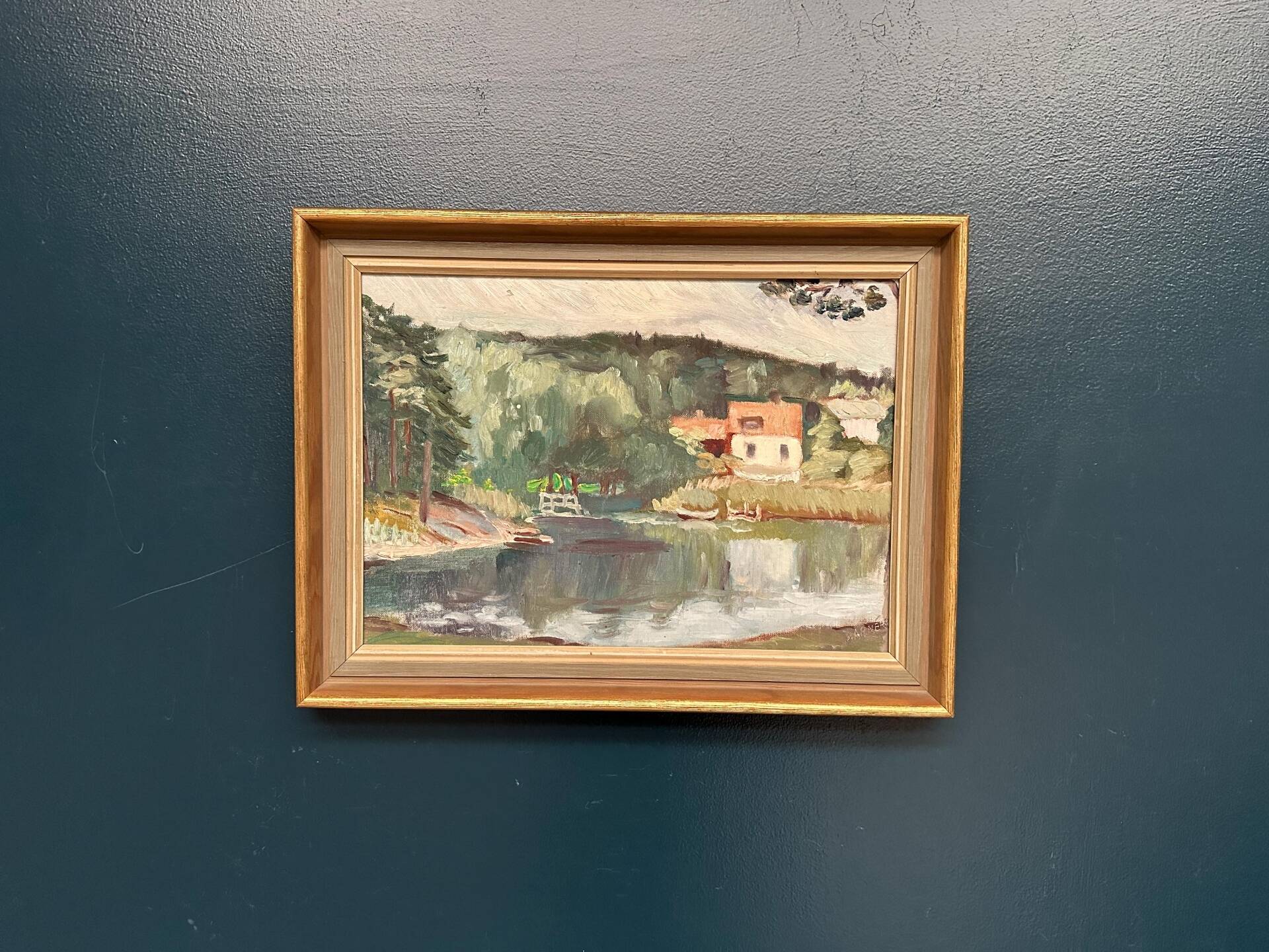 Swedish Oil on Canvas – “Lake with Houses” by G. Arner – Signed