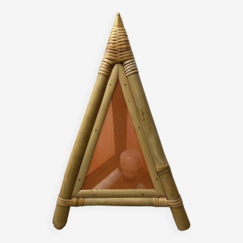 Lampe pyramide en bambou et tissus des années 70
